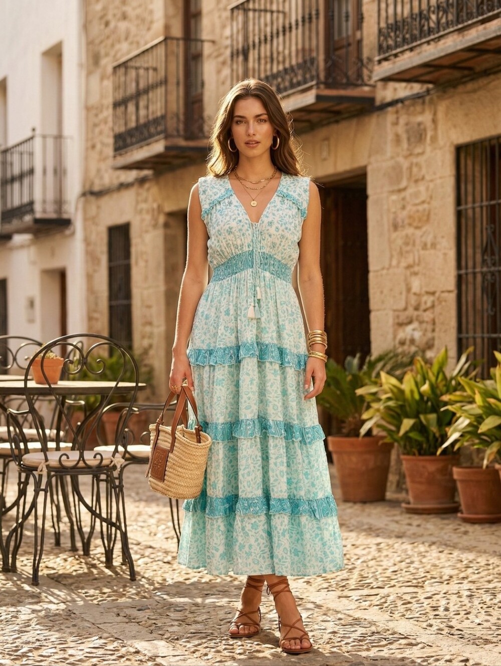 New European Handmade  Sleeveless Ruffled Tiered Viscose Dress Size S/M or M/L